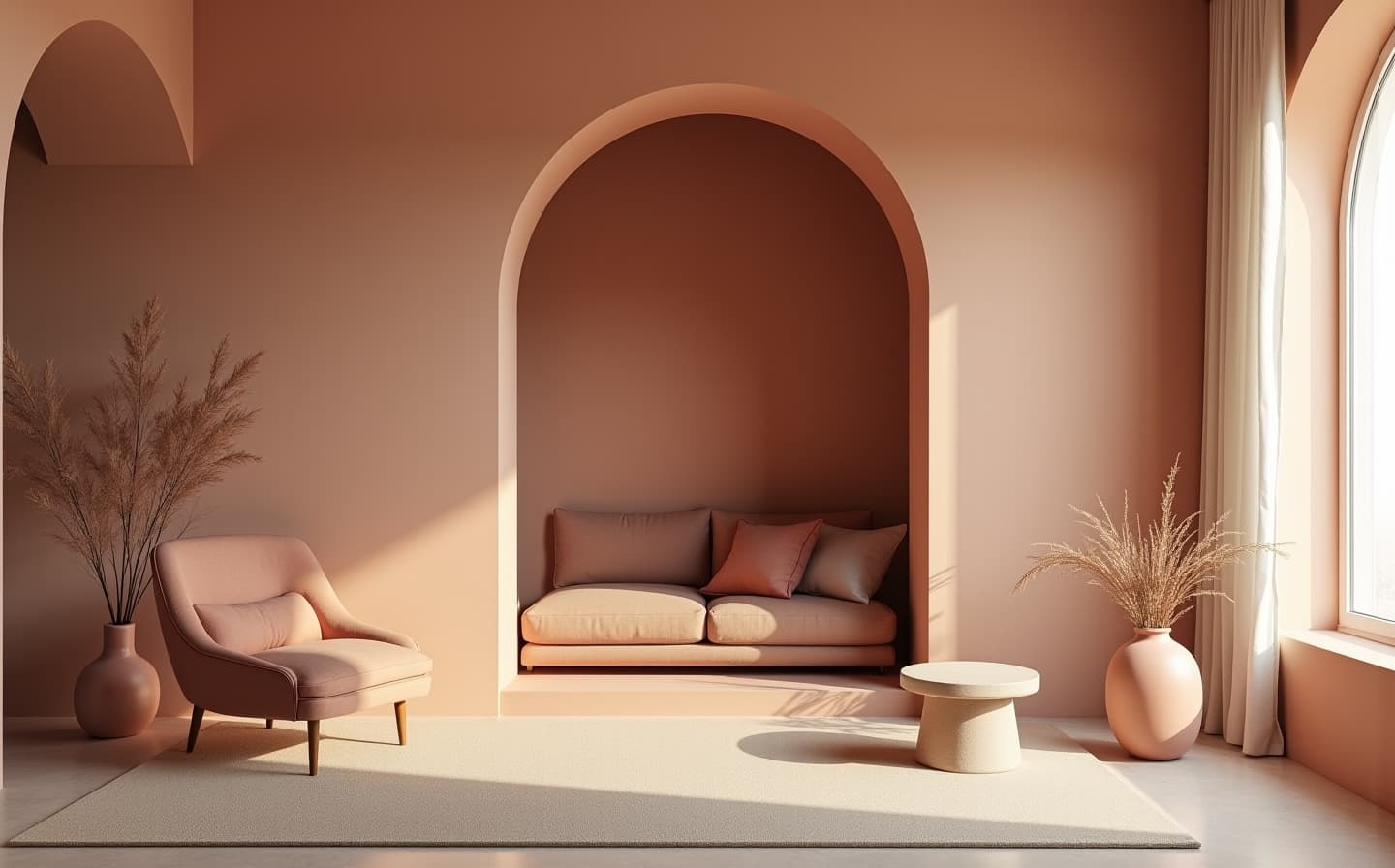 Sculptural furniture in a warm, carefully lit interior